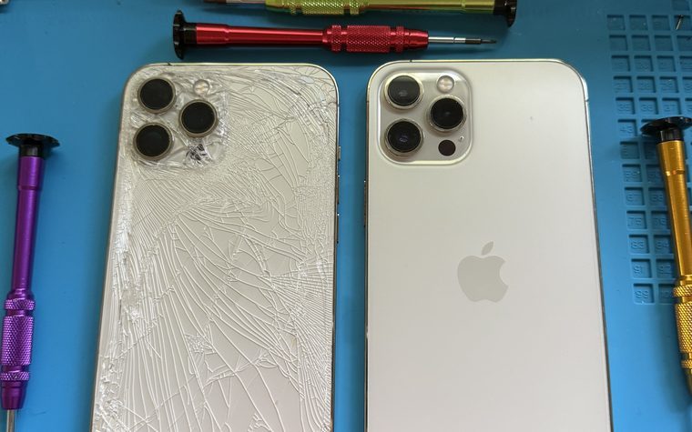 Shattered iPhone back glass beside the same model with its new back