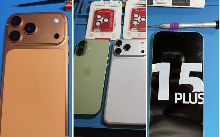 Recent repairs: an iPhone 17 Pro Max, the latest iPhones, and an iPhone 15 Plus with its new replacement screen